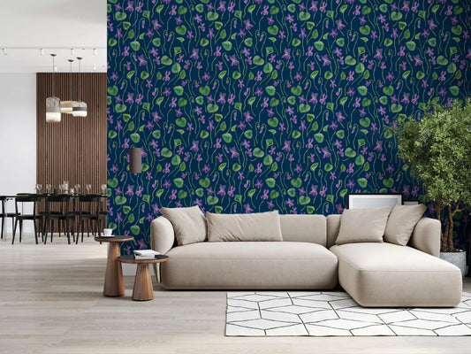 Living room wallpaper with violet blooms on a dark blue surface ⁠GD9206