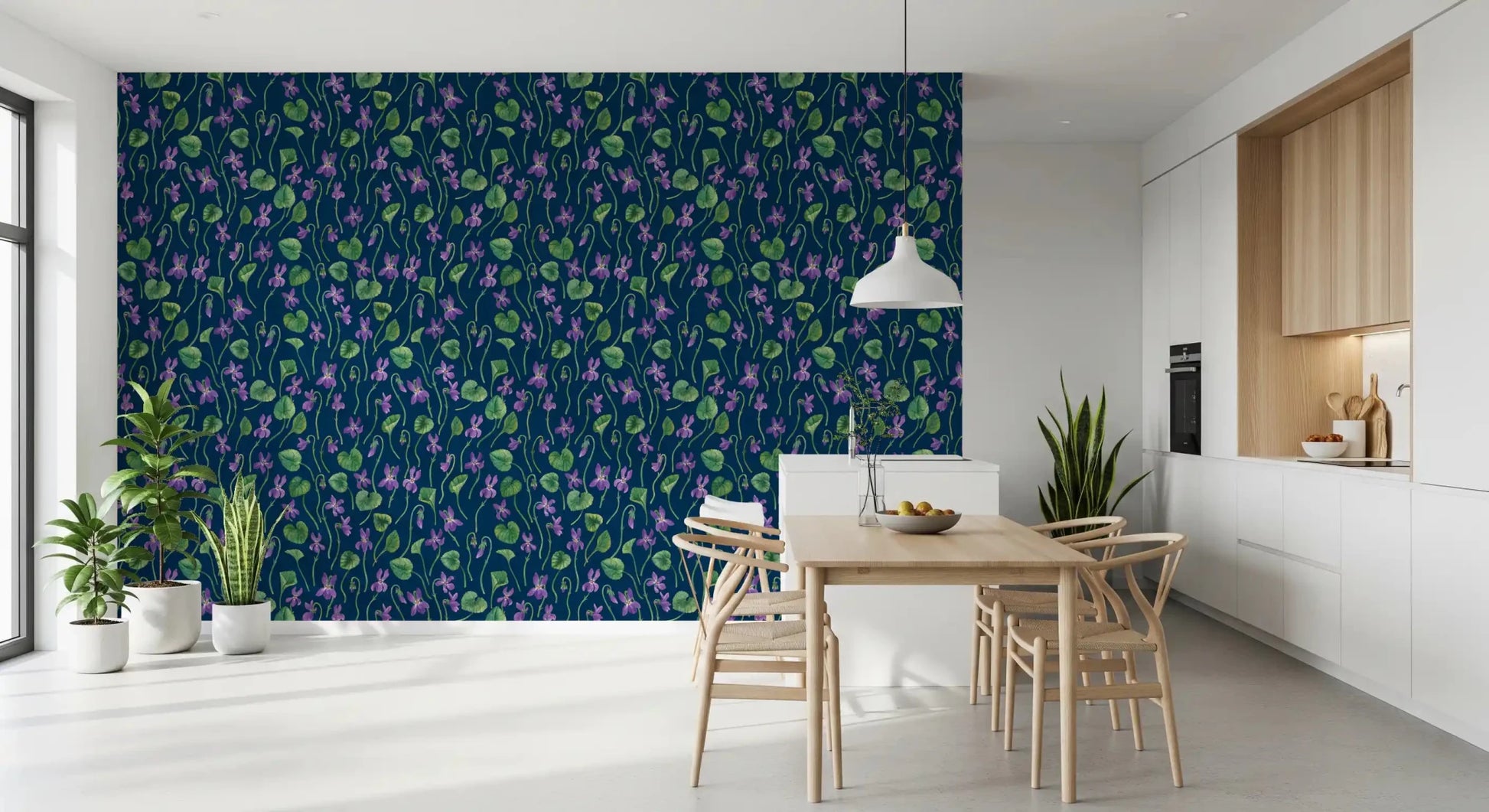 Watercolor floral wallpaper with violets and rounded green leaves ⁠GD9206