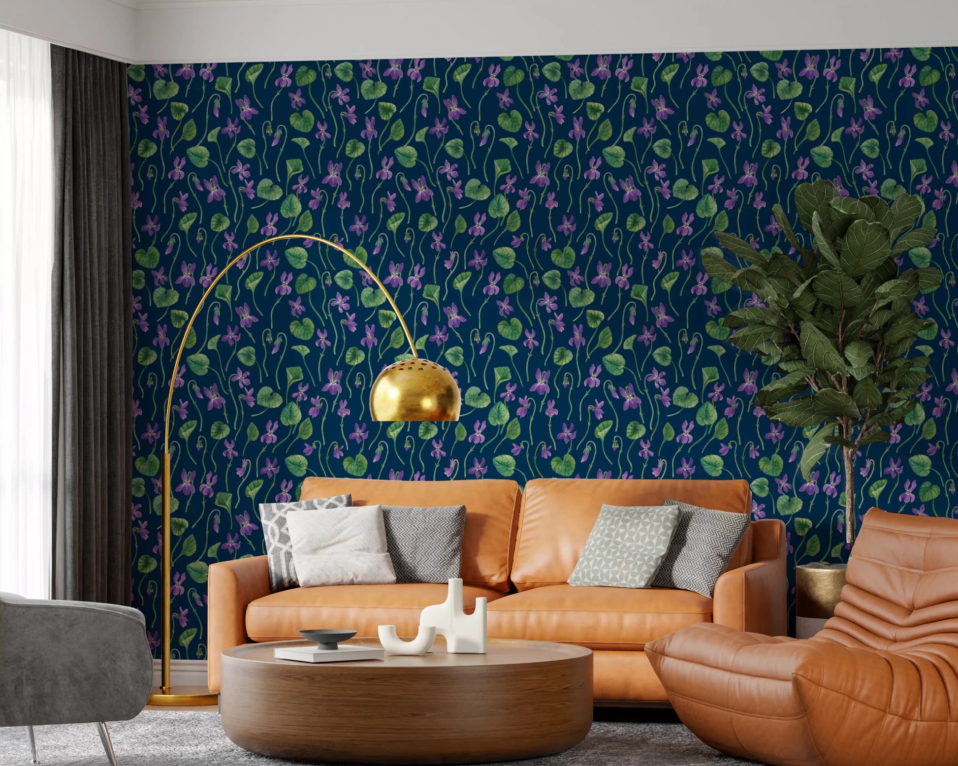 Deep blue wallpaper with violet blossoms and painted foliage detail ⁠GD9206