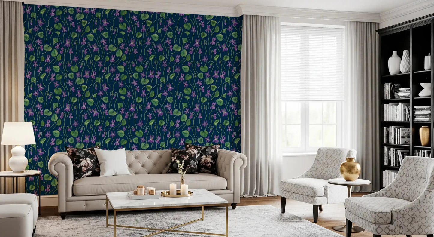 Study room floral wallpaper with watercolor violets and leaves ⁠GD9206