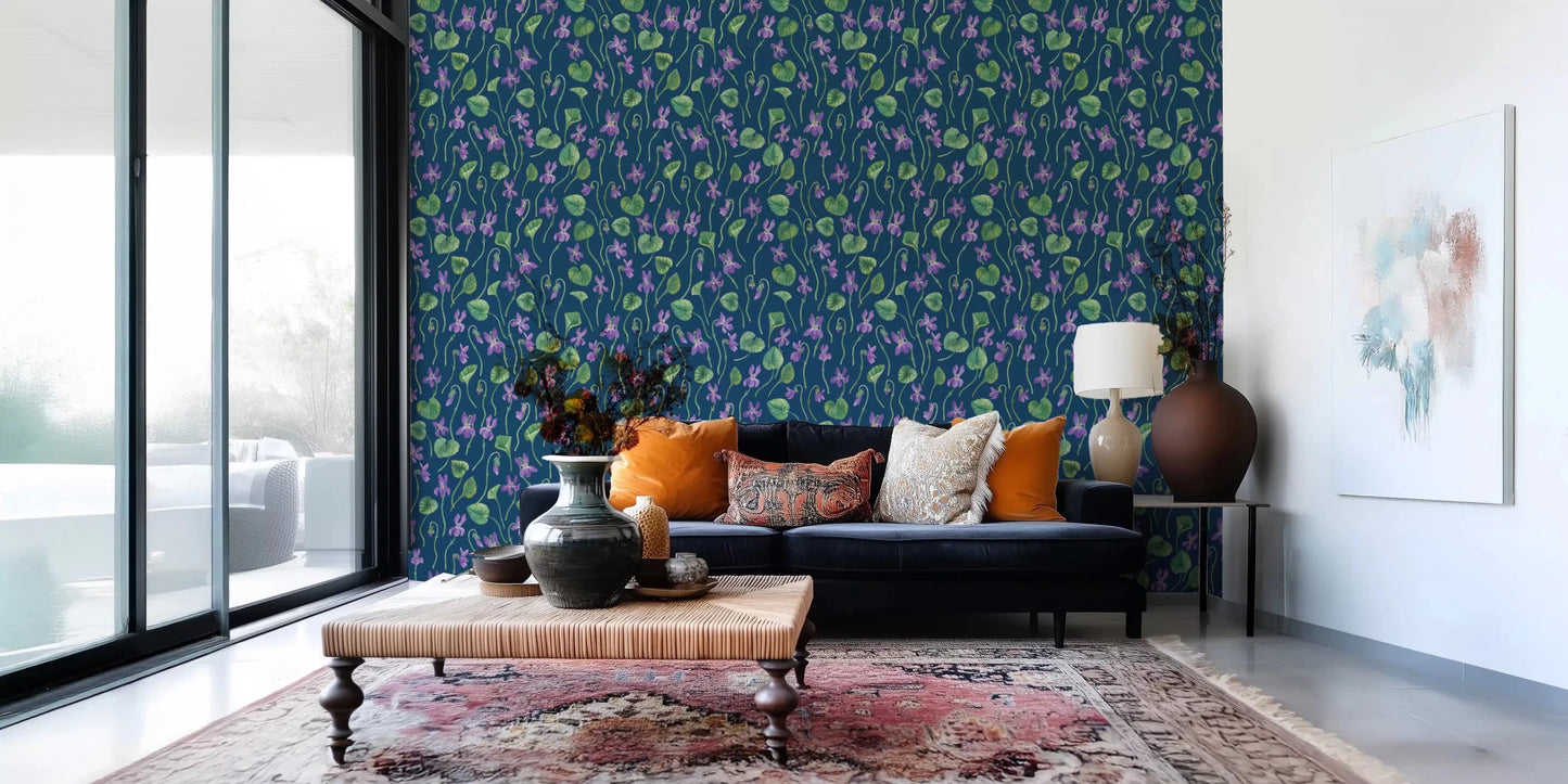 Decorative botanical wallpaper with soft violets and leafy stems GD9206