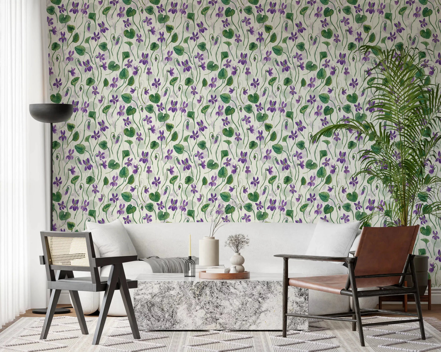 Delicate botanical wallpaper with watercolor violets and leaf forms ⁠GD9205