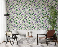 Delicate botanical wallpaper with watercolor violets and leaf forms ⁠GD9205