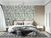 Bedroom floral wallpaper with violet blooms and pale green leaves ⁠GD9205