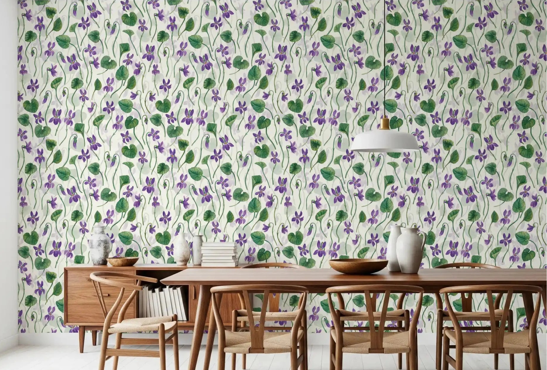 Hallway violet wallpaper with watercolor stems on off white ground ⁠GD9205