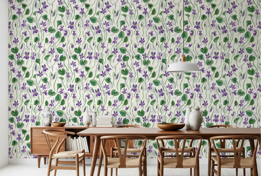 Hallway violet wallpaper with watercolor stems on off white ground ⁠GD9205