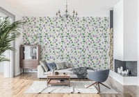 Living room wallpaper with watercolor violets on a soft off white base GD9205