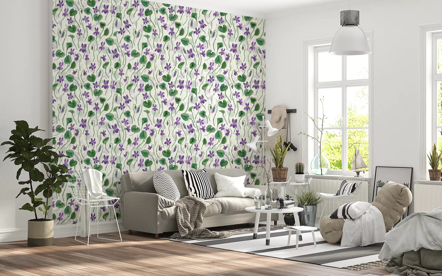 Botanical floral wallpaper with purple blossoms and rounded leaves ⁠GD9205