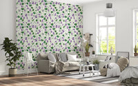 Botanical floral wallpaper with purple blossoms and rounded leaves ⁠GD9205