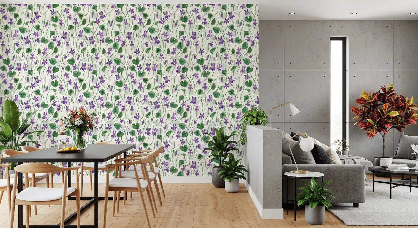 Soft flower wallpaper with green foliage and purple violet blooms ⁠GD9205