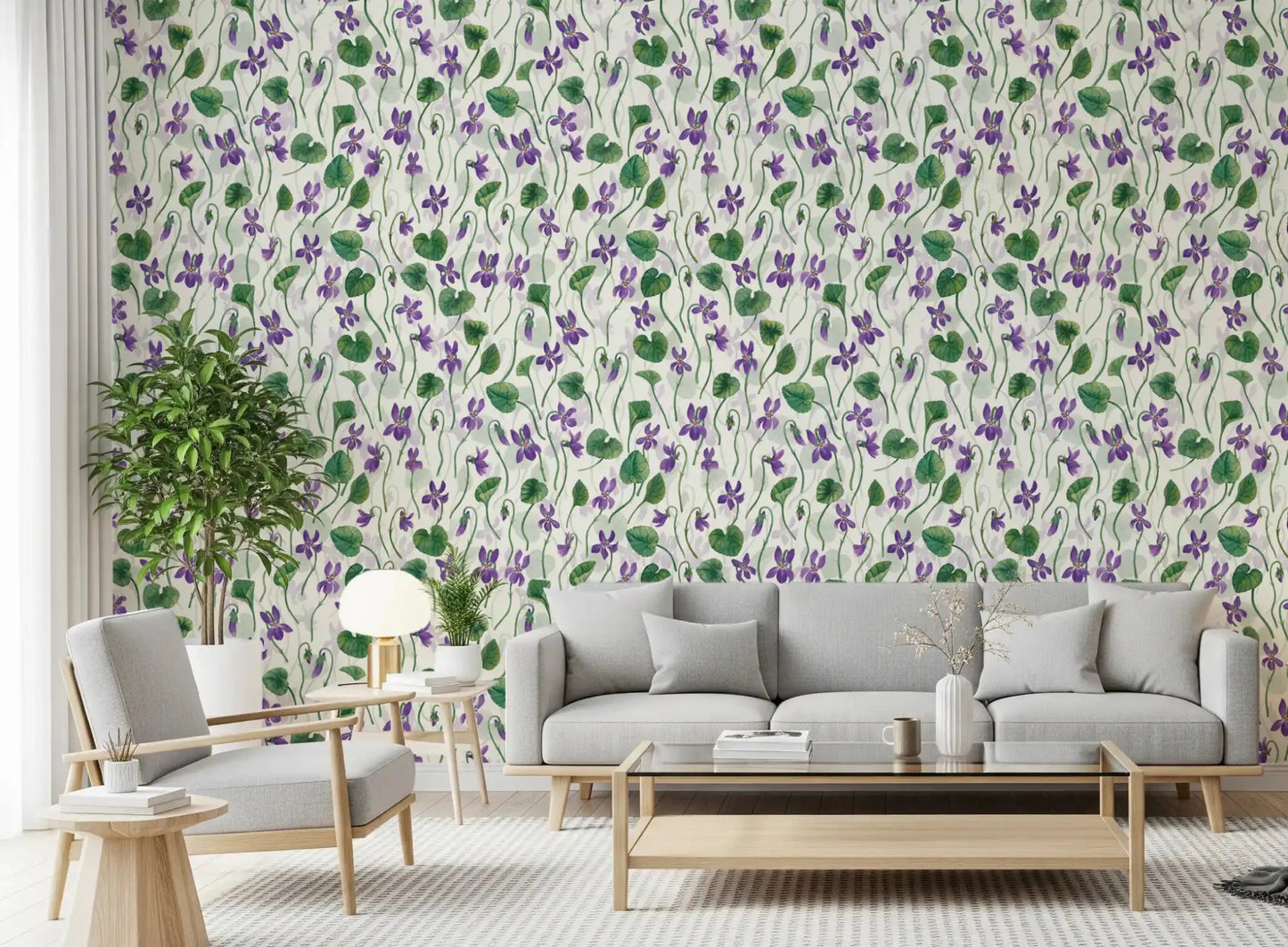 Violet pattern wallpaper with watercolor flowers on a light backdrop GD9205
