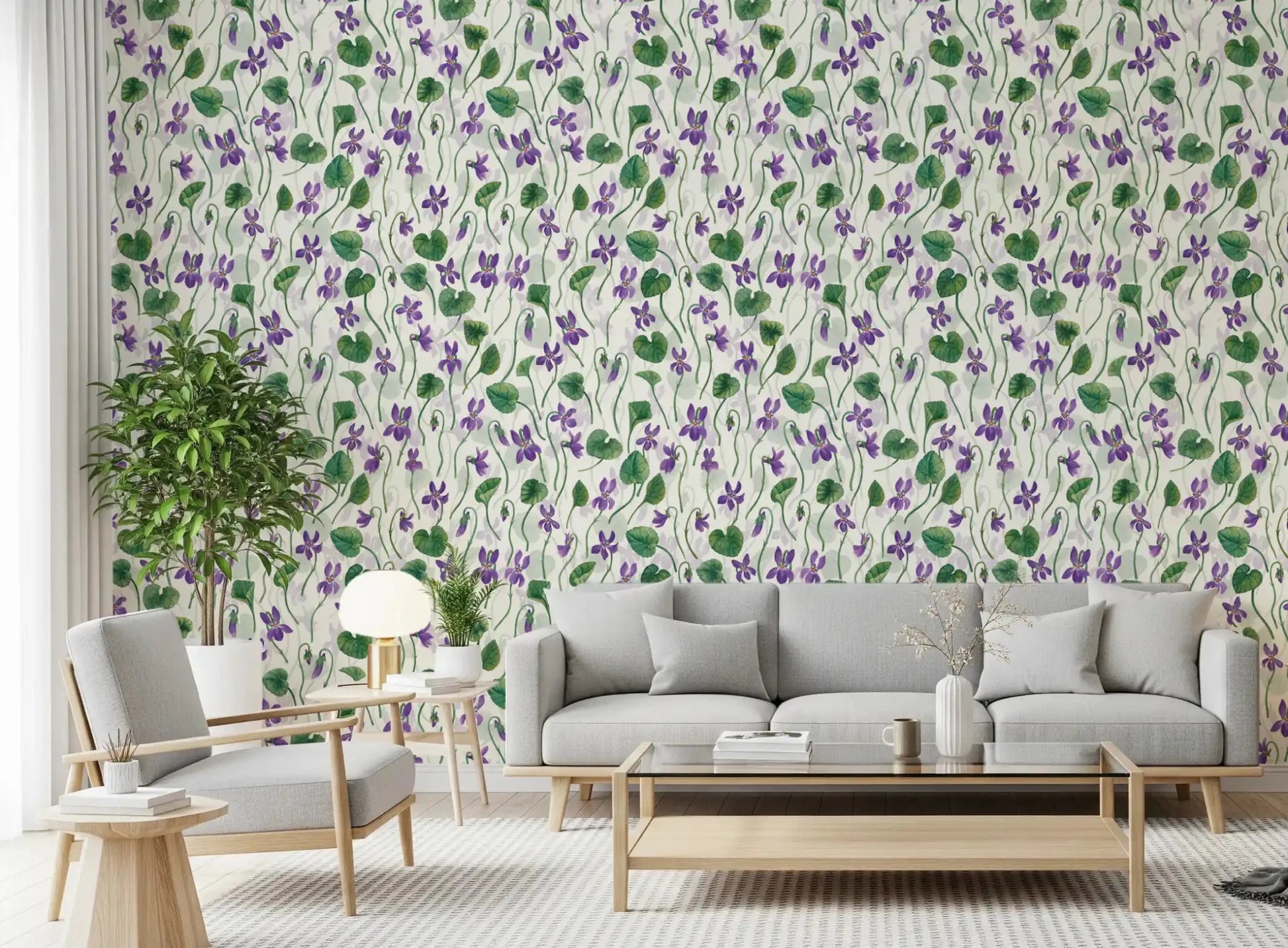 Violet pattern wallpaper with watercolor flowers on a light backdrop GD9205