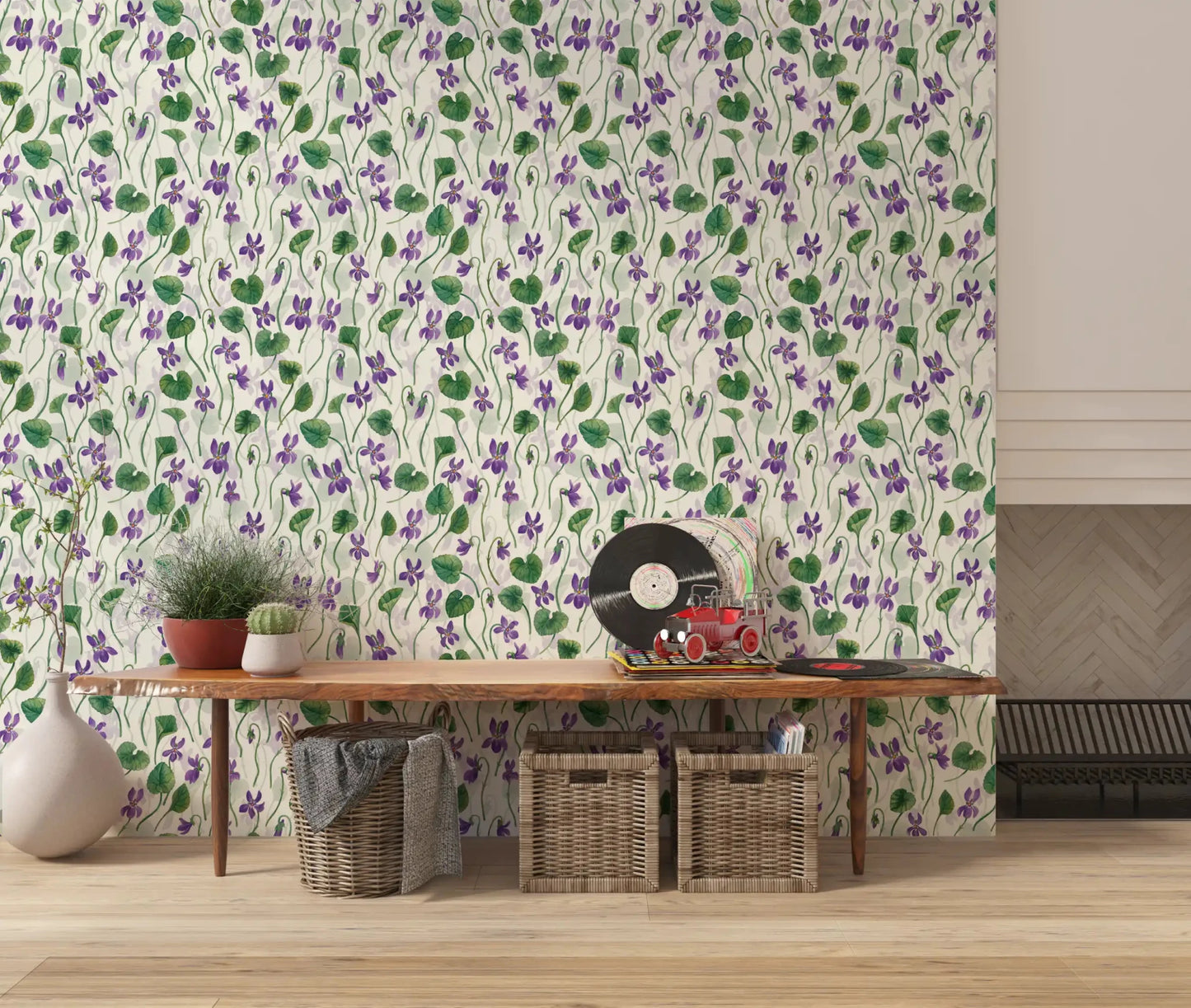 Off white wallpaper with scattered violet flowers and curved stems GD9205