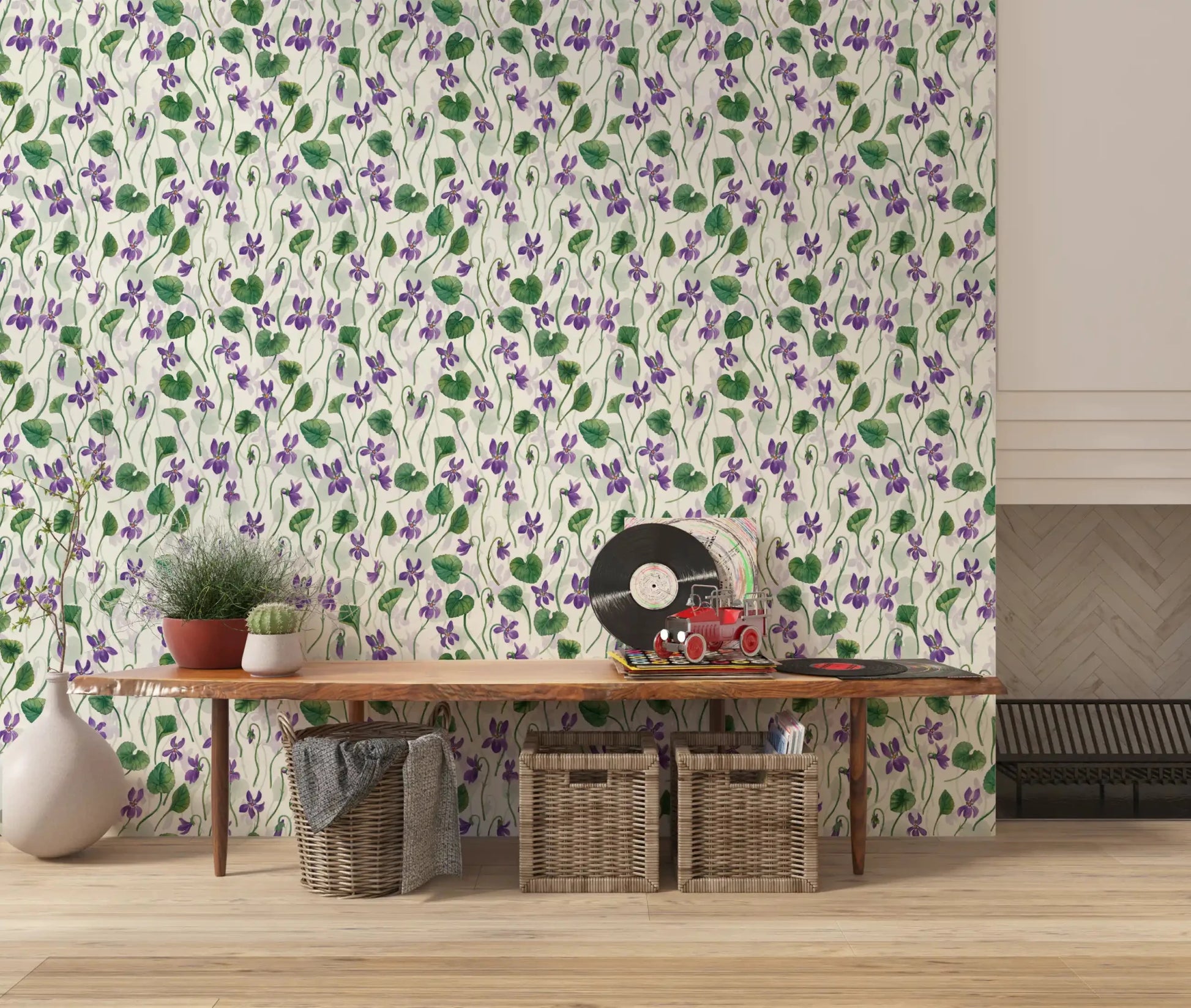 Off white wallpaper with scattered violet flowers and curved stems GD9205