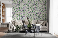 Hallway botanical wallpaper with purple violets and leaf detail ⁠GD9205