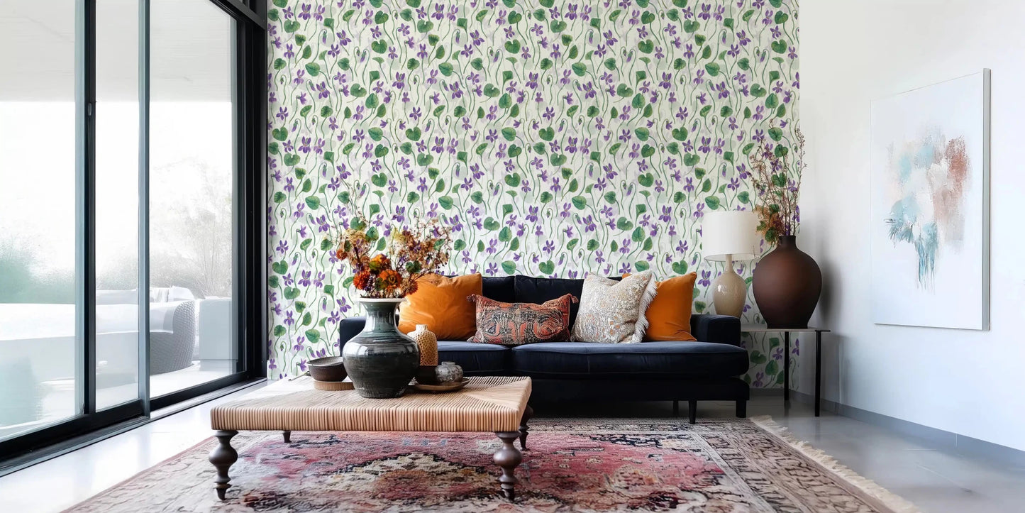 Watercolor violet wallpaper with airy floral spacing and soft foliage ⁠GD9205