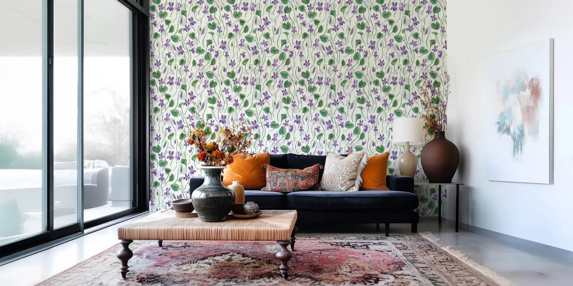 Watercolor violet wallpaper with airy floral spacing and soft foliage ⁠GD9205
