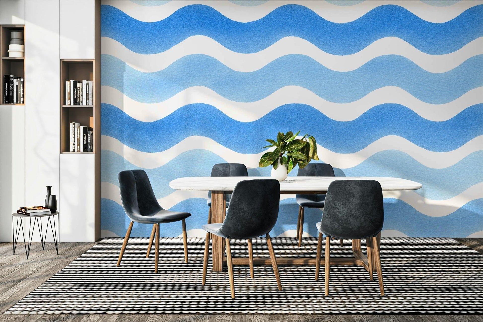 Wall mural with curved watercolor strokes

