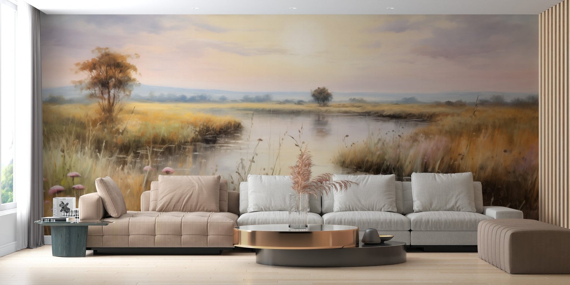 Watercolor wetlands landscape lake wallpaper for a peaceful, natural room.
 DTIL54