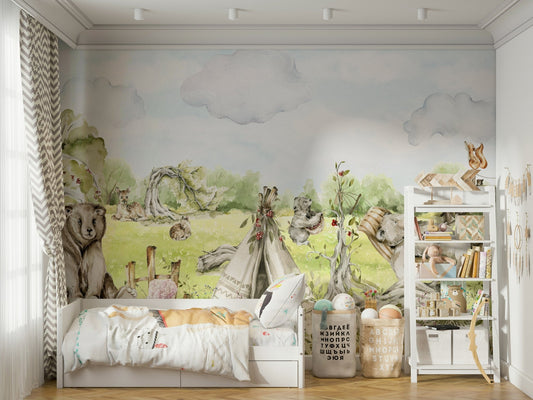 Ethereal woodland scene with soft watercolor strokes.

