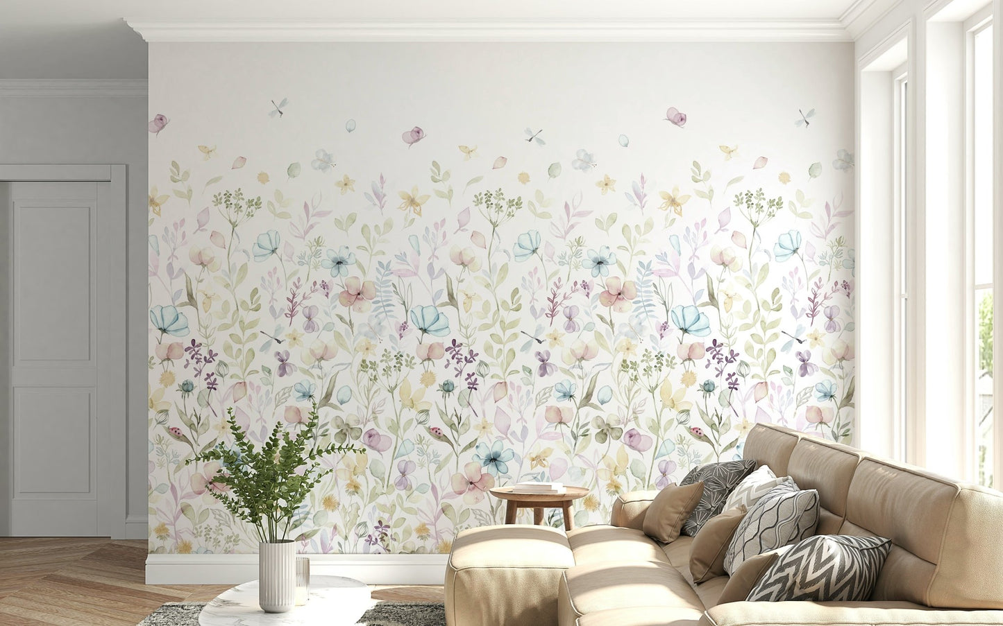 Bedroom feature wall with the Watercolor Whispers Floral Wall Mural.