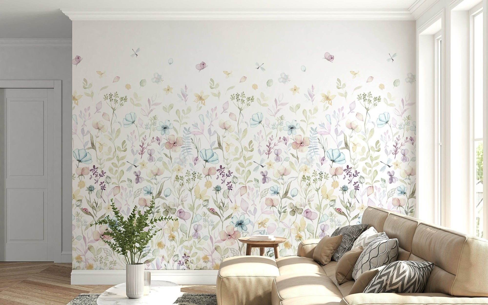Bedroom feature wall with the Watercolor Whispers Floral Wall Mural., GD6491