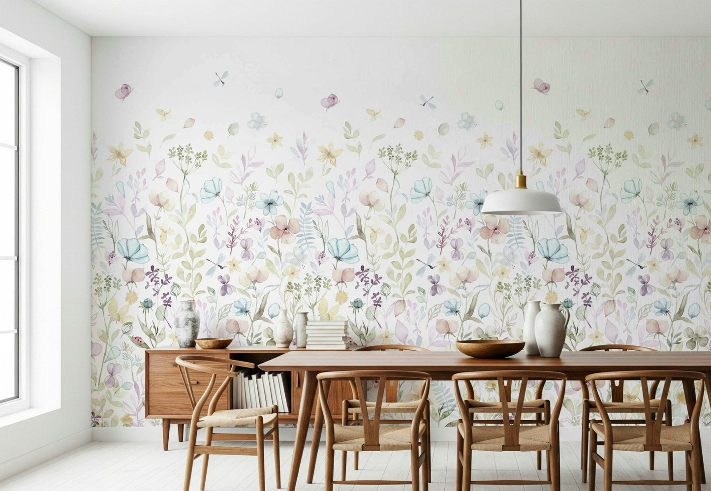 Airy living room decor using the Whispers Floral Wall Mural.