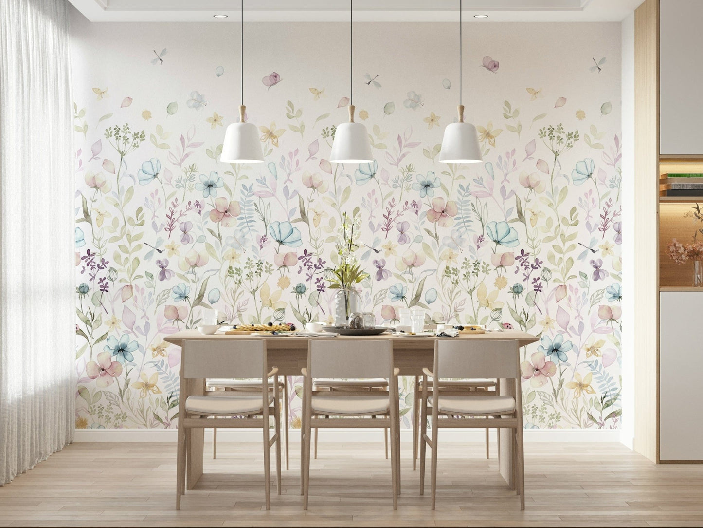 Pink butterflies and dragonflies on Whispers Floral Wall Mural print.