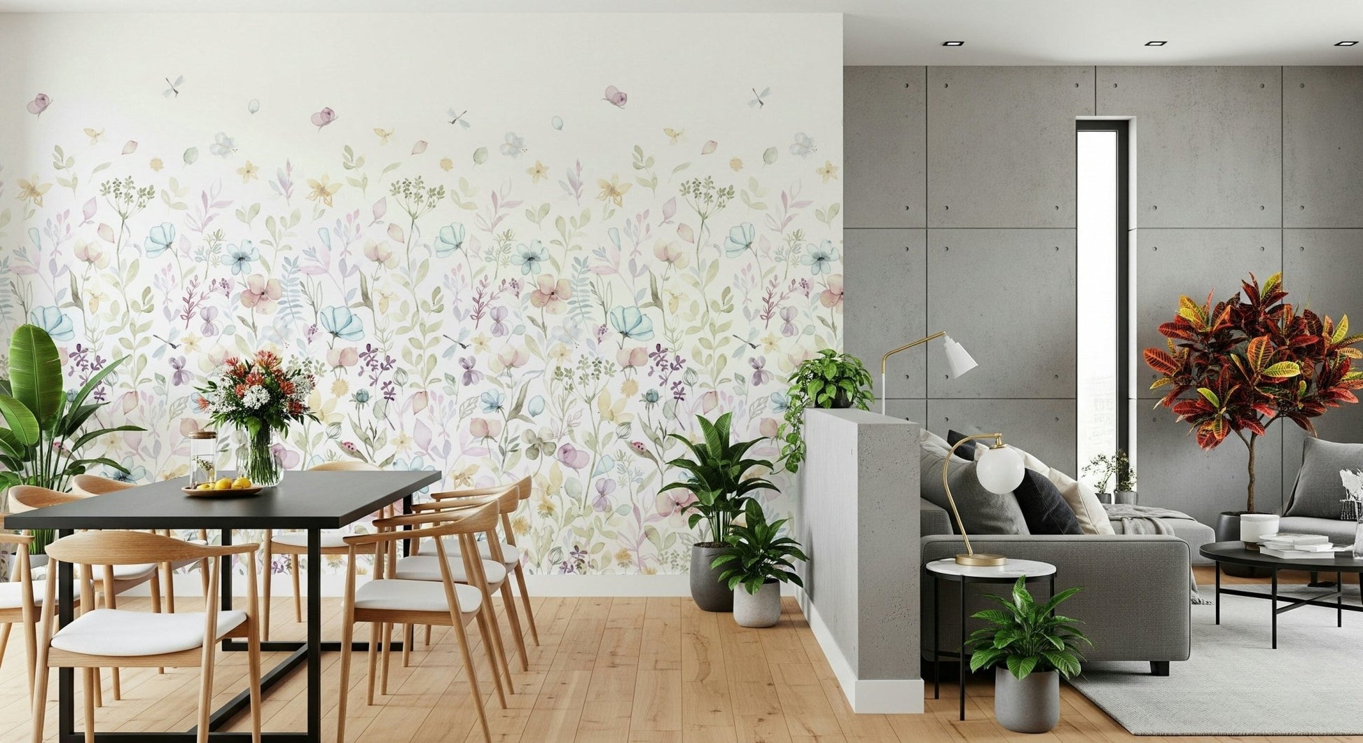 Calming nursery space with Watercolor Whispers Floral Wall Mural scene.