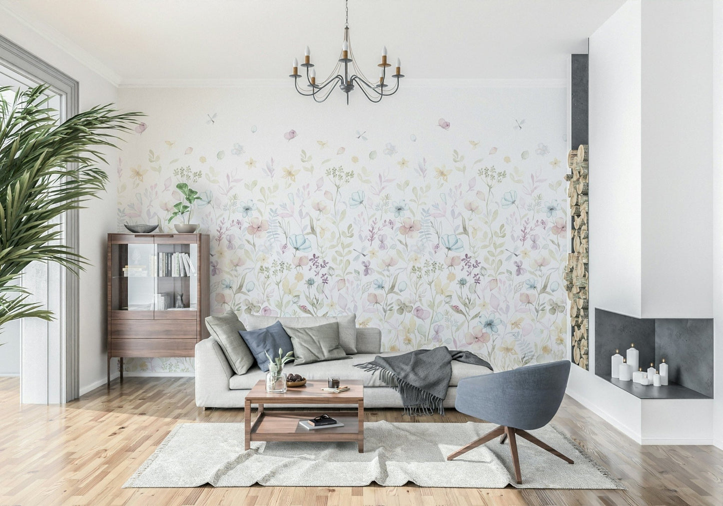 Soft green and yellow stems on Watercolor Whispers Floral Wall Mural.