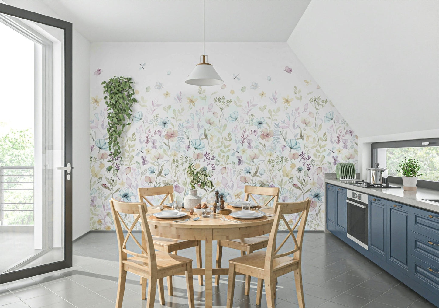 Peaceful office space using Watercolor Whispers Floral Wall Mural design.