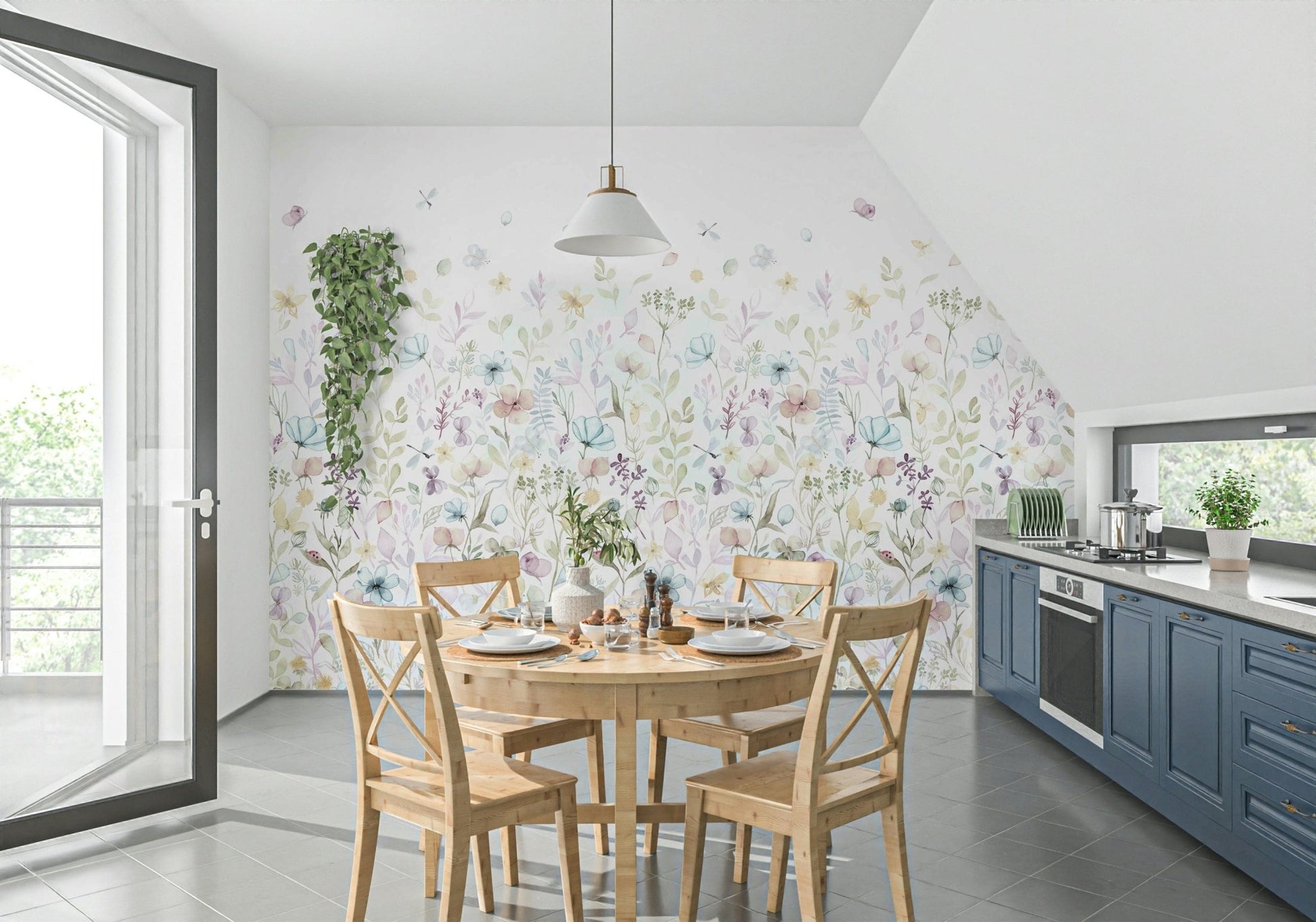 Peaceful office space using Watercolor Whispers Floral Wall Mural design.