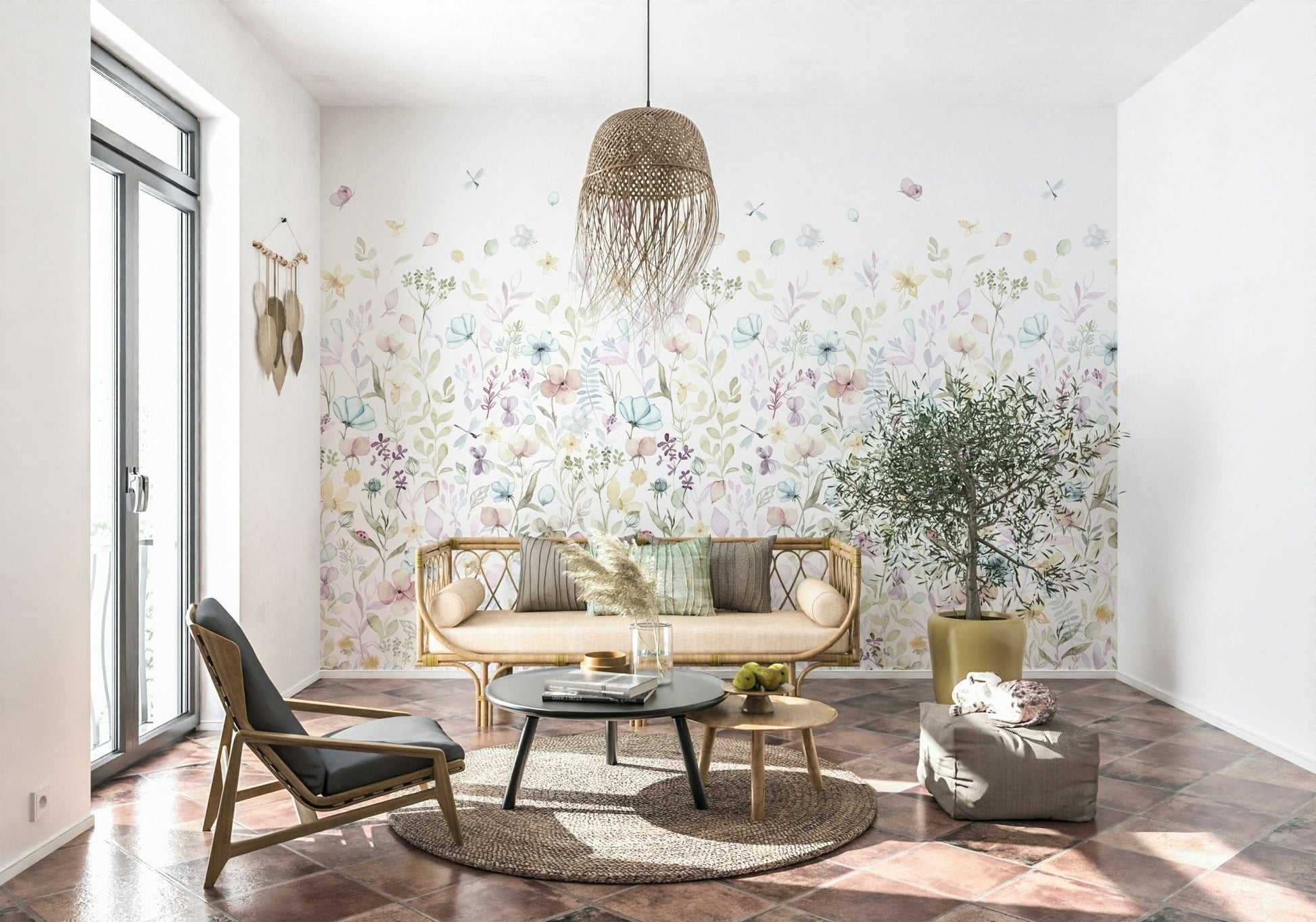 Small blue watercolor blooms on Whispers Floral Wall Mural.