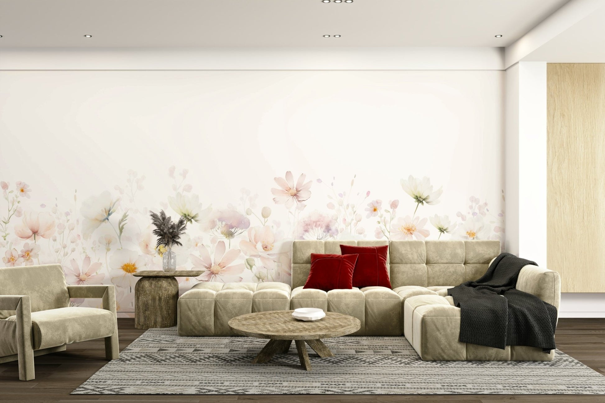Hand-painted watercolor wildflowers mural on wall

