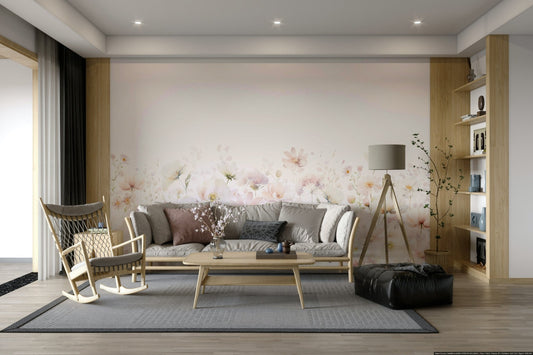 Watercolor wildflower mural with soft pastel blooms

