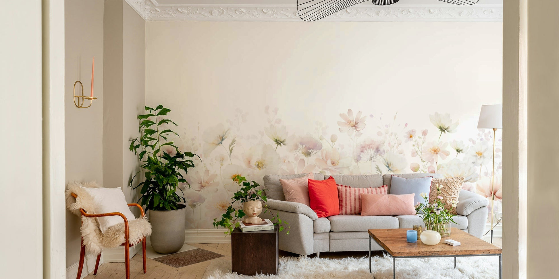 Colorful wildflower watercolor mural for bedroom

