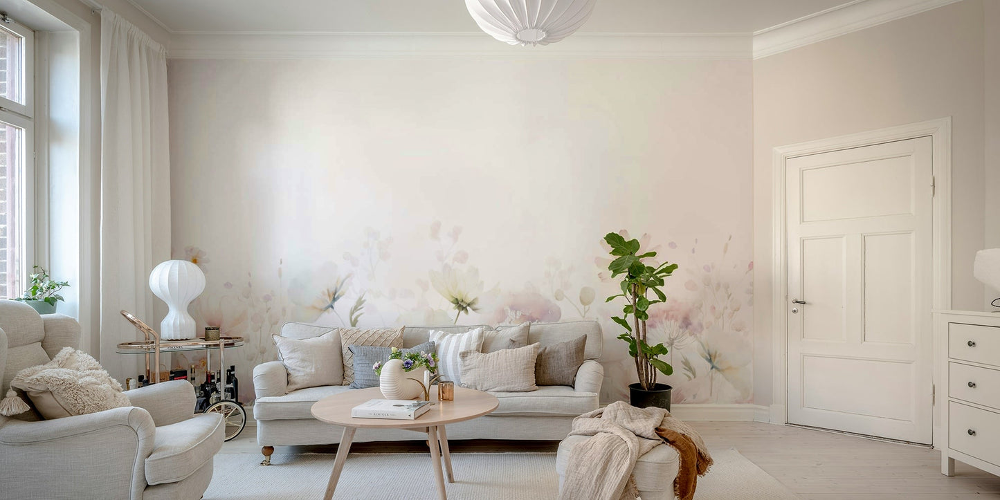 Delicate wildflower watercolor mural with natural tones

