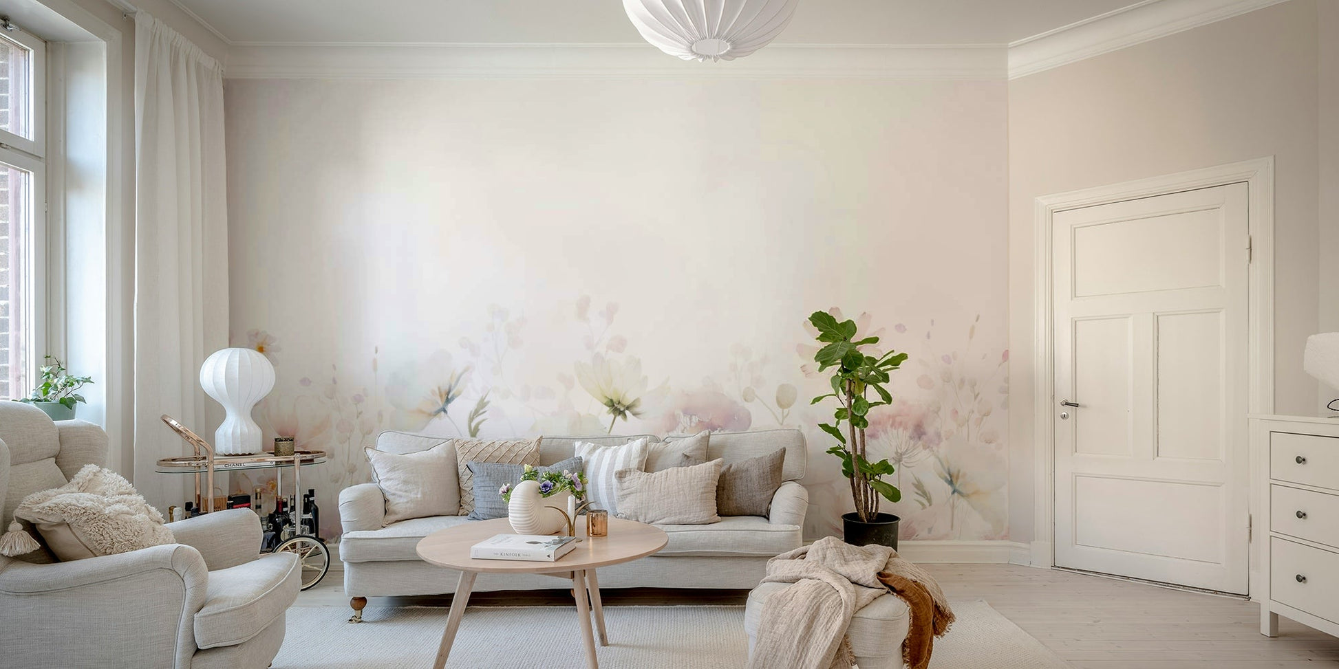 Delicate wildflower watercolor mural with natural tones

