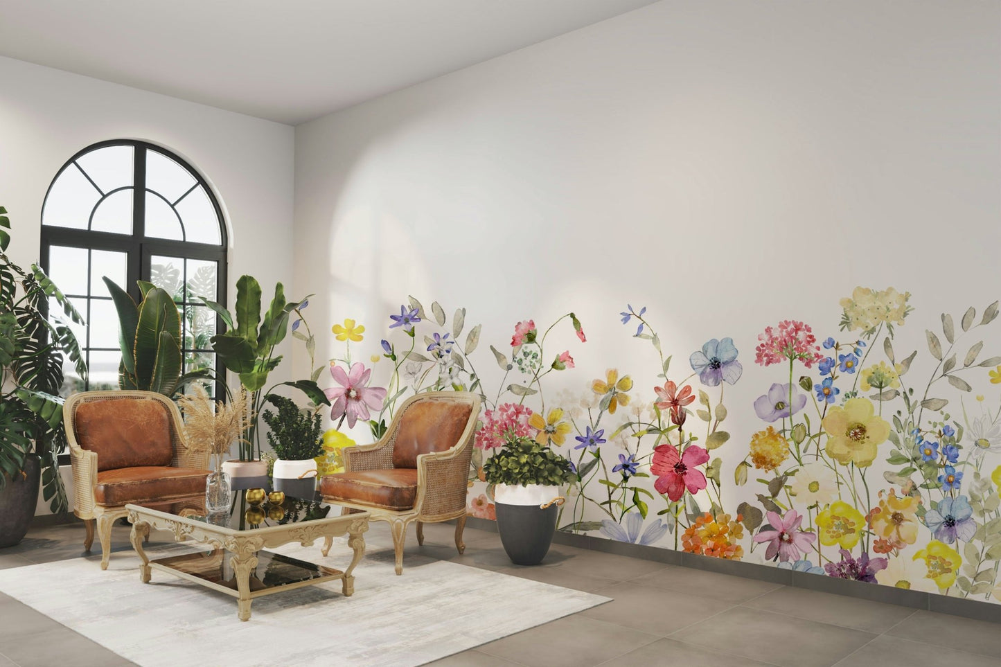 Colorful watercolor wildflower mural for living room accent wall
