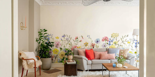 Watercolor wildflower meadow mural with soft pastel flowers

