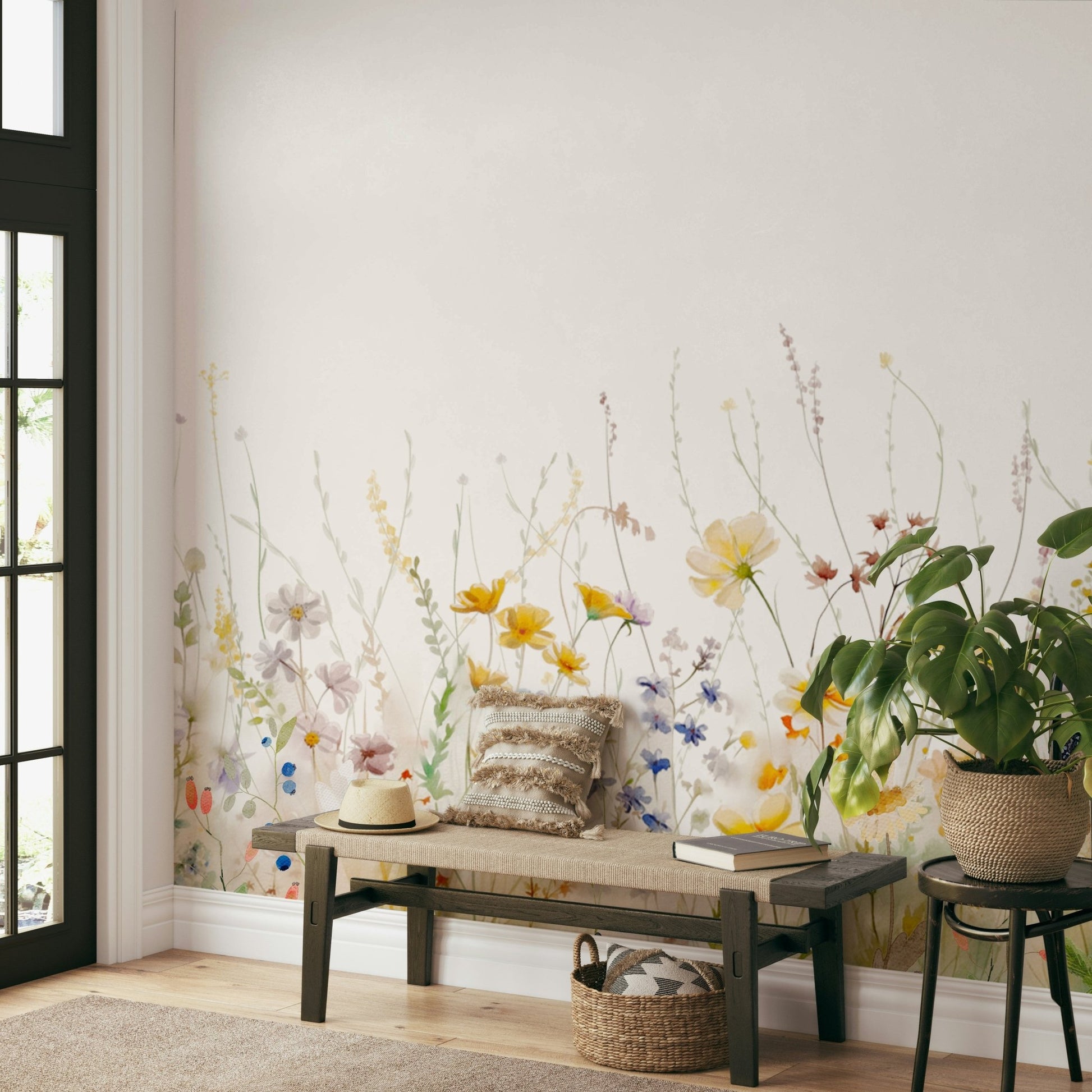 Watercolor wildflower meadow mural for walls