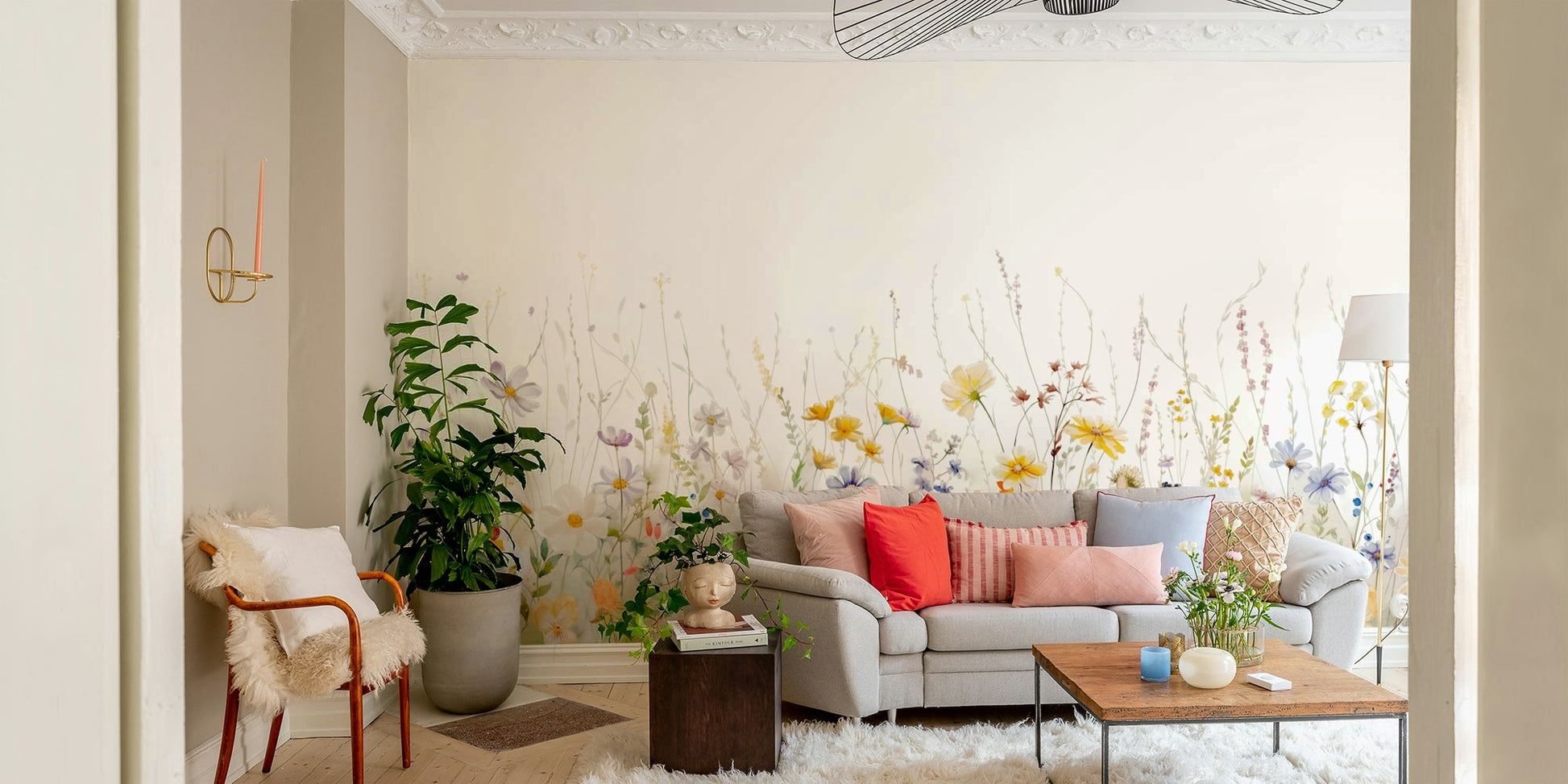 Soft pastel watercolor wildflower mural for bedroom