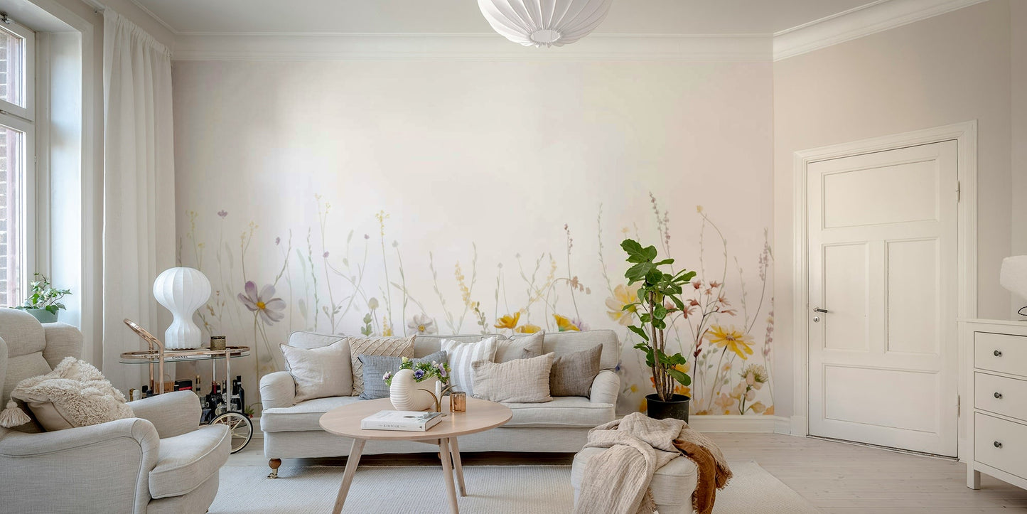 Wildflower meadow mural design in soft watercolor hues