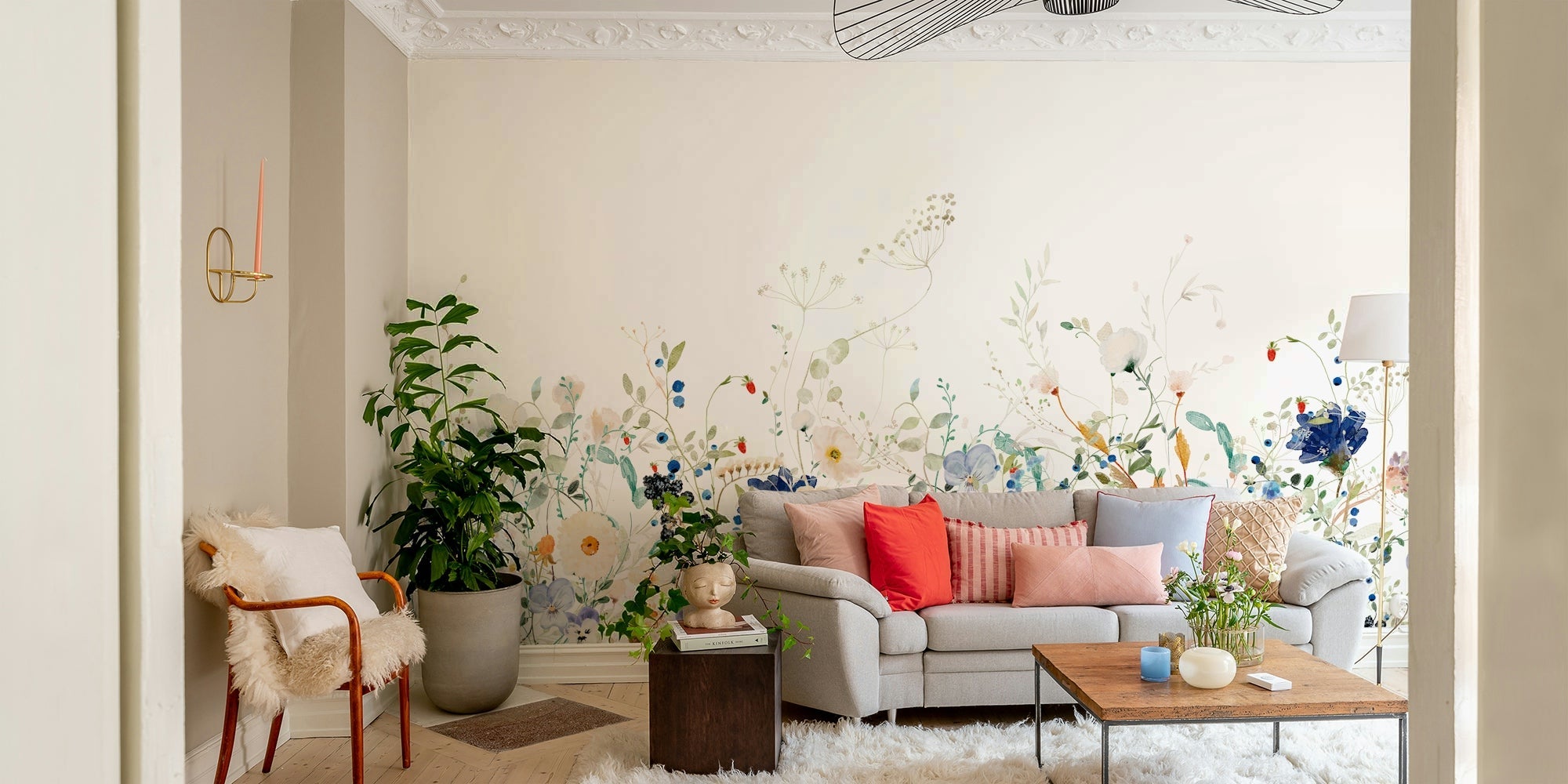 Watercolor wildflower meadow mural for walls, GD1252