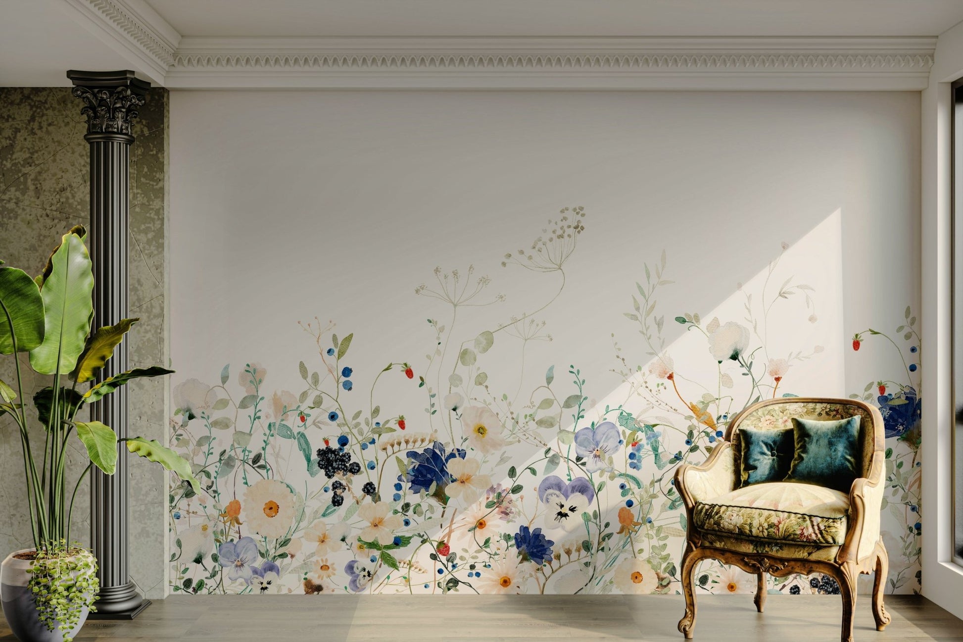 Hand-painted watercolor wildflower mural for living room

