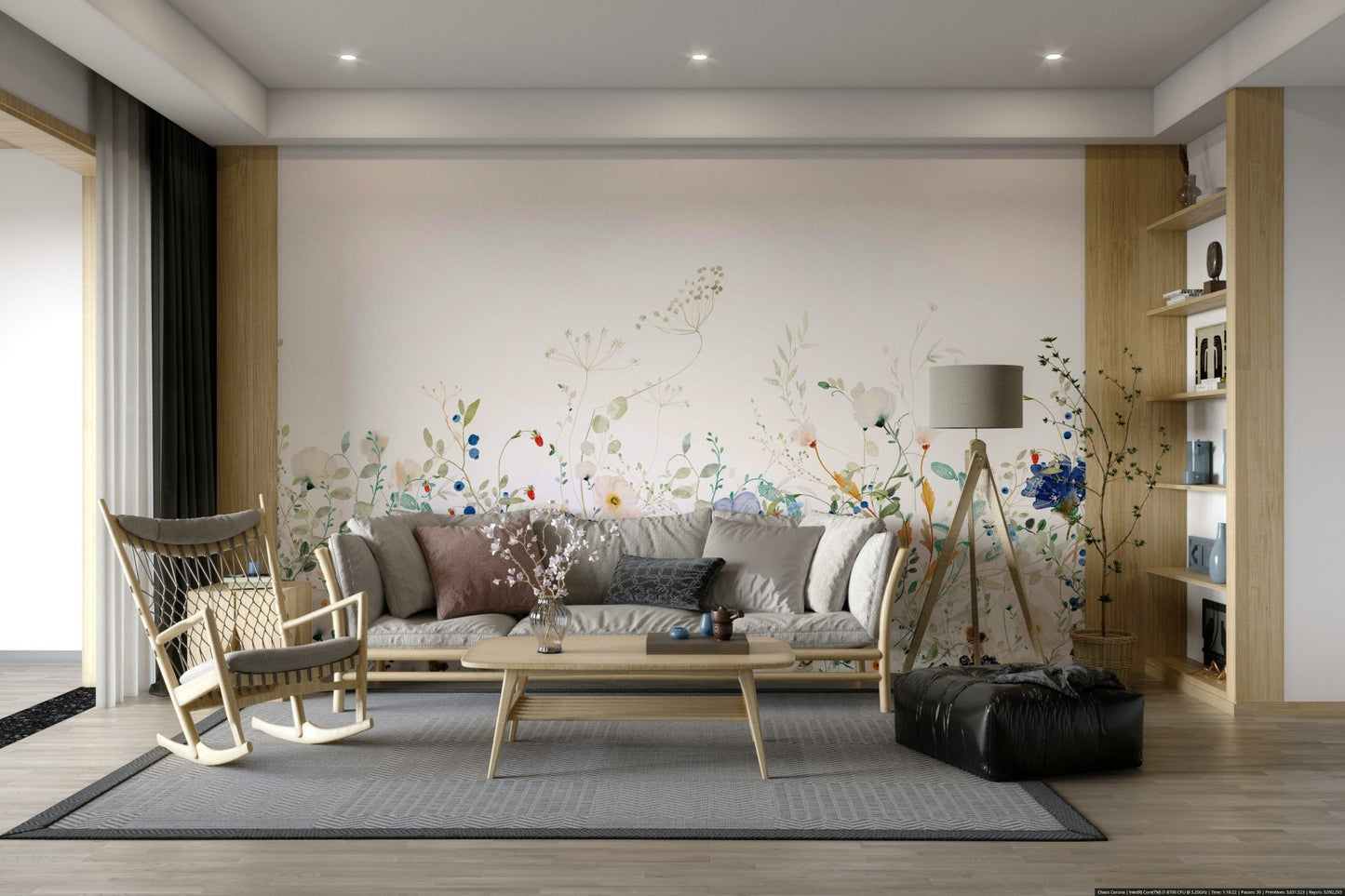 Serene wildflower meadow wall mural in watercolor

