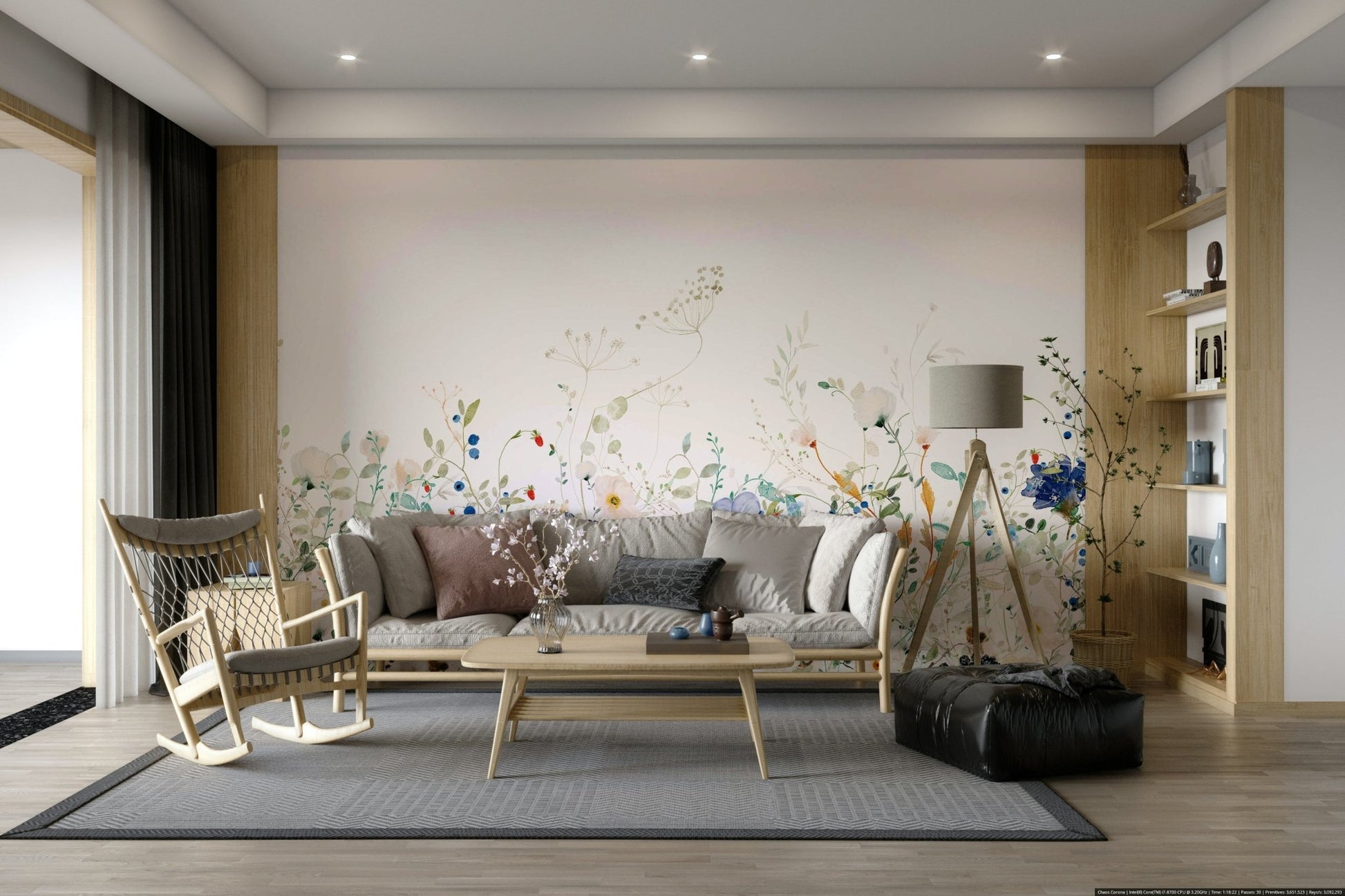 Serene wildflower meadow wall mural in watercolor

