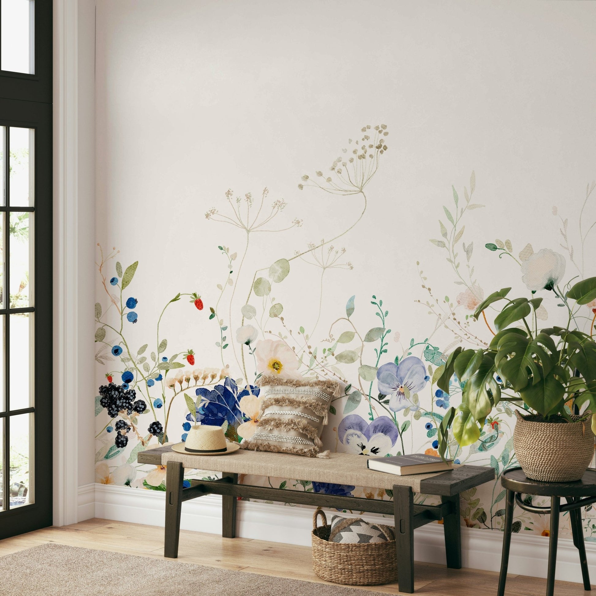 Vibrant wildflower meadow mural with watercolor style

