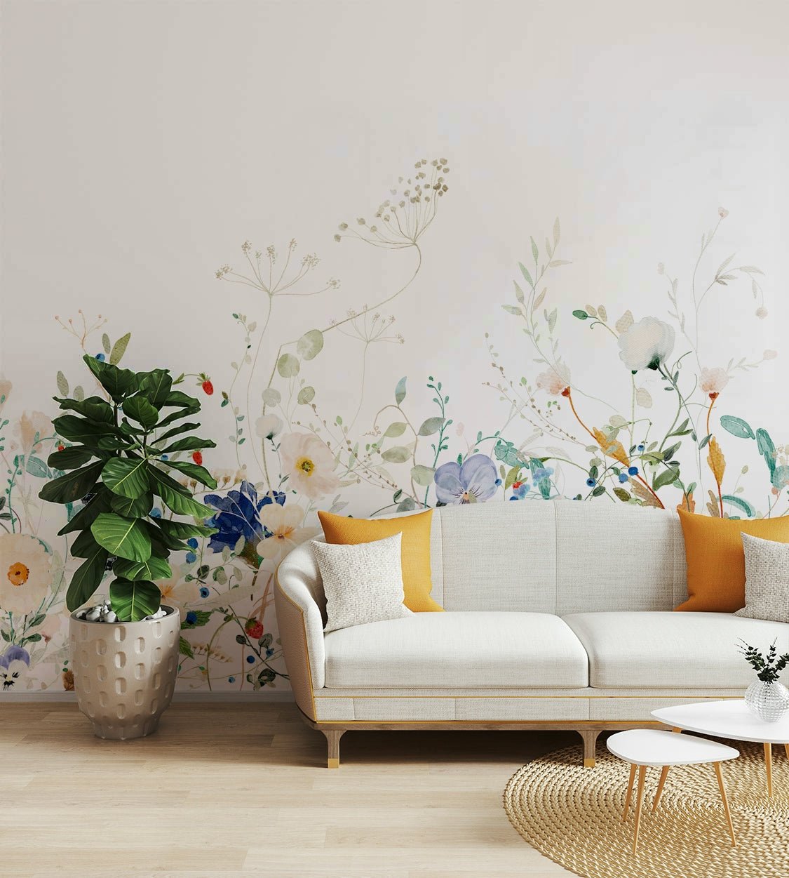 Wildflower meadow mural in soft watercolor hues

