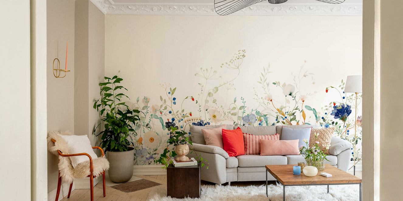 Watercolor wildflower meadow mural for walls

